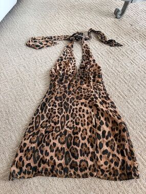 Meshki Leopard Print Halter Mini Dress - Brown & Black